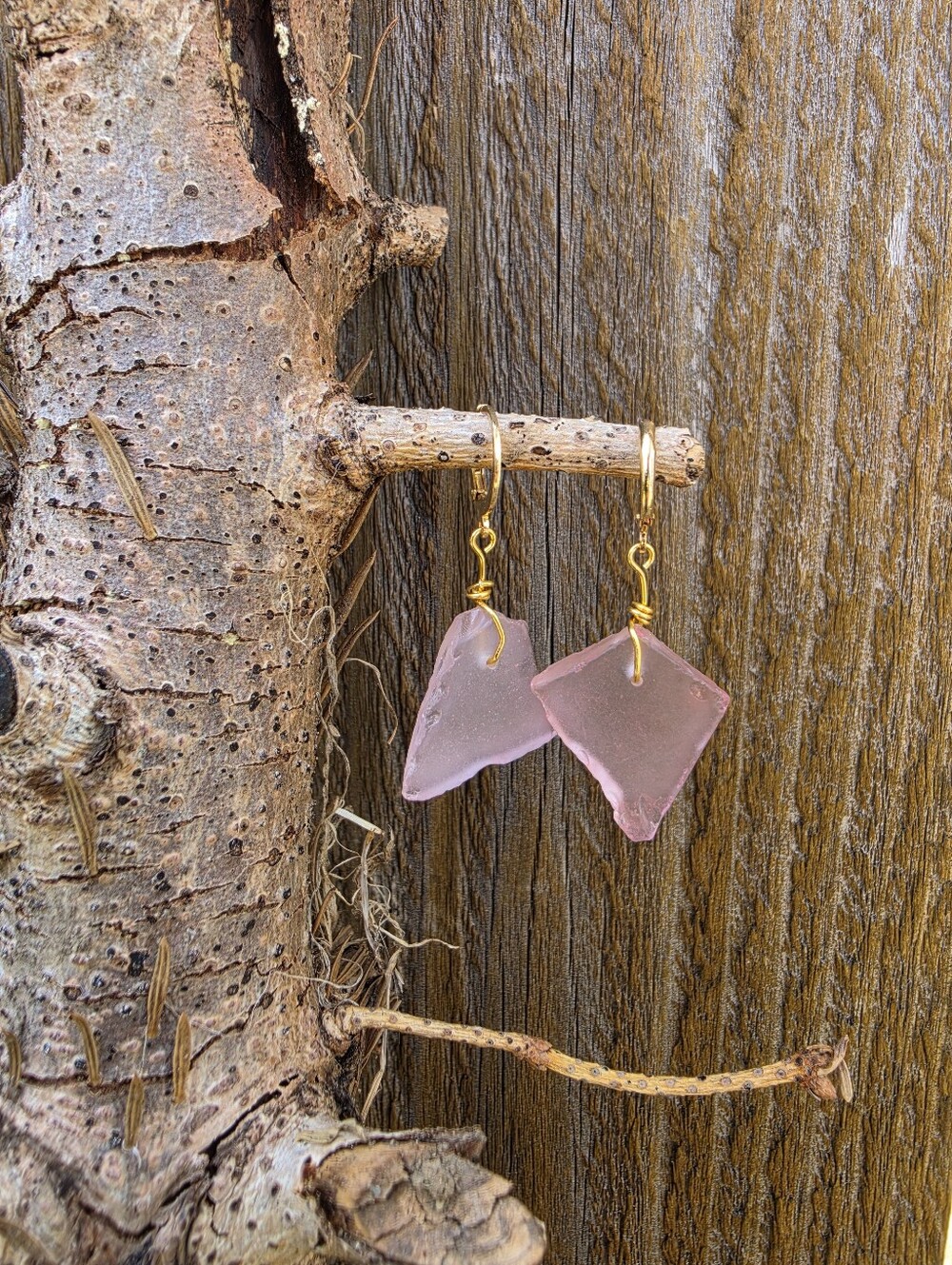 18k Gold Plated Pastel Pink Sea Glass Drop Earrings Stainless Steel